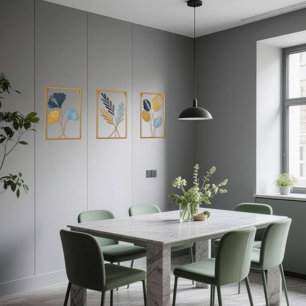 Metal Wall Art 3D Minimalist Tree Leaf Wall Sculpture Decor, Gold Framed Wall Art for Living Room Bedroom Dining Room Office – Housewarming Gifts (Gold Gray, 3 Pack)