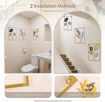 Metal Wall Art 3D Minimalist Tree Leaf Wall Sculpture Decor, Gold Framed Wall Art for Living Room Bedroom Dining Room Office – Housewarming Gifts (Gold Gray, 3 Pack)