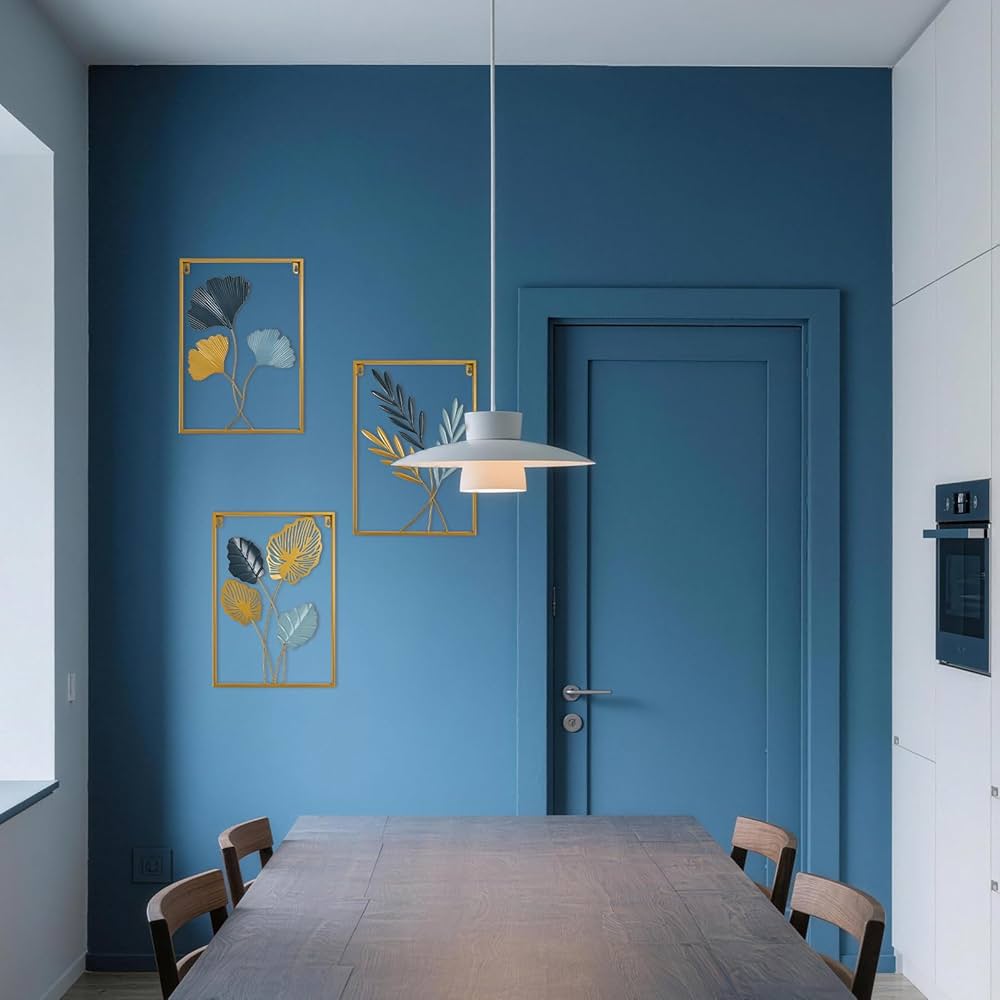 Metal Wall Art 3D Minimalist Tree Leaf Wall Sculpture Decor, Gold Framed Wall Art for Living Room Bedroom Dining Room Office – Housewarming Gifts (Gold Gray, 3 Pack)