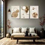3 Pcs Abstract Gold Geometric Boho Canvas Wall Art Mid Century Modern Minimalist Aesthetic Luxury Metal Artwork Pictures Wall Decor Posters Prints for Living room Bedroom Office Home Decoration
