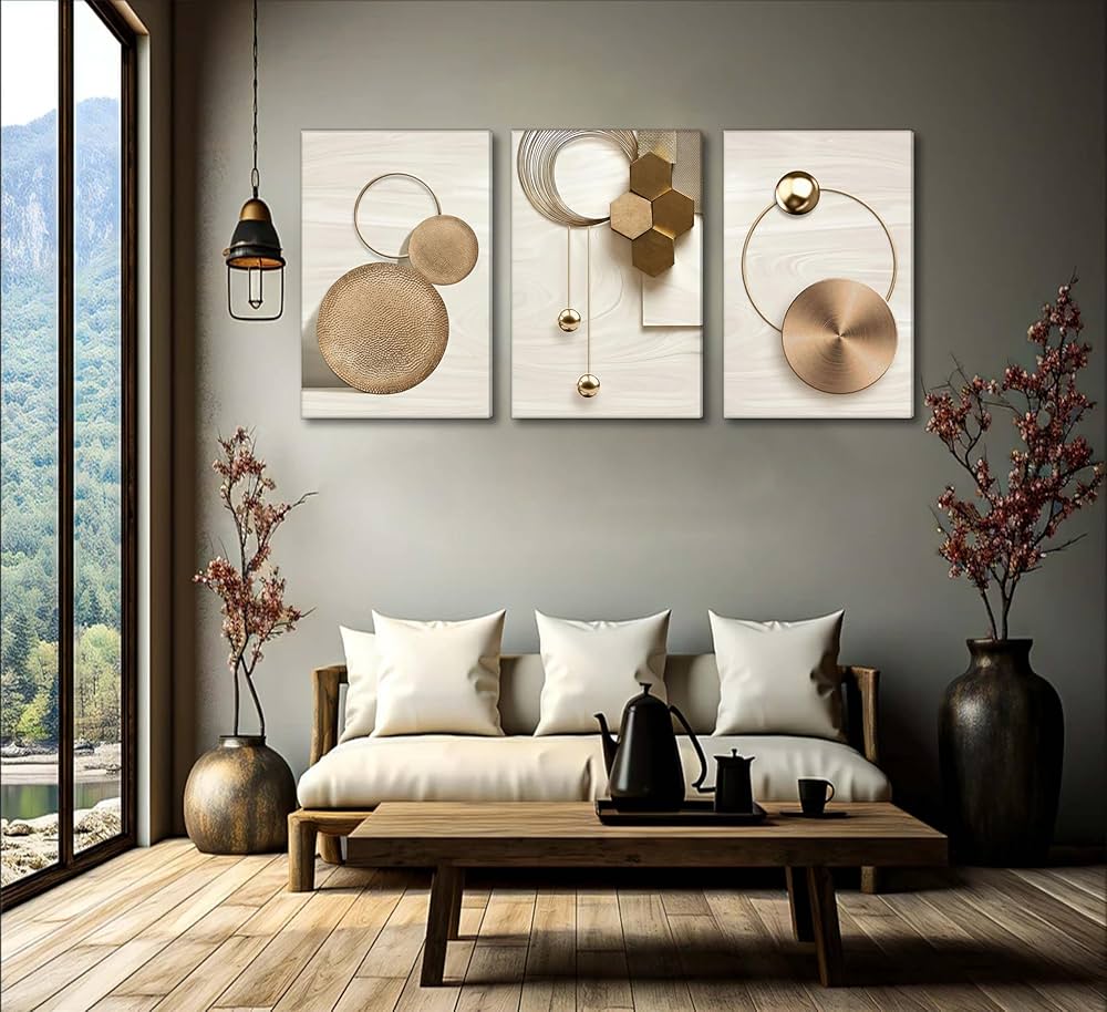 3 Pcs Abstract Gold Geometric Boho Canvas Wall Art Mid Century Modern Minimalist Aesthetic Luxury Metal Artwork Pictures Wall Decor Posters Prints for Living room Bedroom Office Home Decoration
