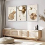3 Pcs Abstract Gold Geometric Boho Canvas Wall Art Mid Century Modern Minimalist Aesthetic Luxury Metal Artwork Pictures Wall Decor Posters Prints for Living room Bedroom Office Home Decoration