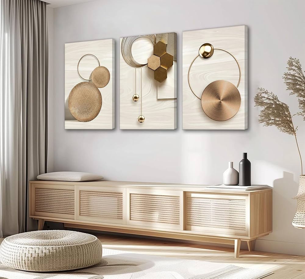 3 Pcs Abstract Gold Geometric Boho Canvas Wall Art Mid Century Modern Minimalist Aesthetic Luxury Metal Artwork Pictures Wall Decor Posters Prints for Living room Bedroom Office Home Decoration