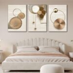 3 Pcs Abstract Gold Geometric Boho Canvas Wall Art Mid Century Modern Minimalist Aesthetic Luxury Metal Artwork Pictures Wall Decor Posters Prints for Living room Bedroom Office Home Decoration