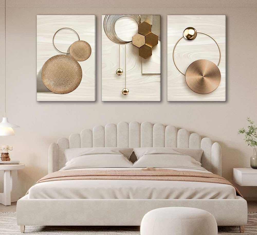 3 Pcs Abstract Gold Geometric Boho Canvas Wall Art Mid Century Modern Minimalist Aesthetic Luxury Metal Artwork Pictures Wall Decor Posters Prints for Living room Bedroom Office Home Decoration