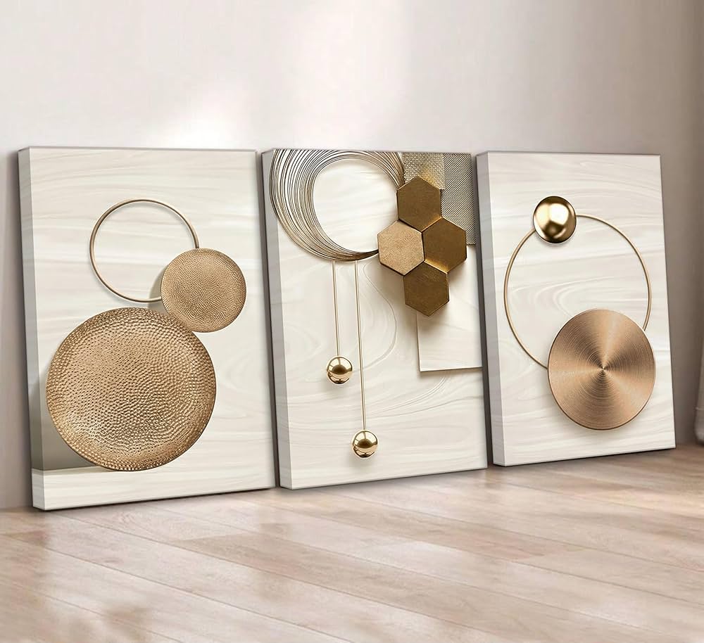 3 Pcs Abstract Gold Geometric Boho Canvas Wall Art Mid Century Modern Minimalist Aesthetic Luxury Metal Artwork Pictures Wall Decor Posters Prints for Living room Bedroom Office Home Decoration