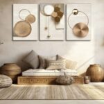 3 Pcs Abstract Gold Geometric Boho Canvas Wall Art Mid Century Modern Minimalist Aesthetic Luxury Metal Artwork Pictures Wall Decor Posters Prints for Living room Bedroom Office Home Decoration