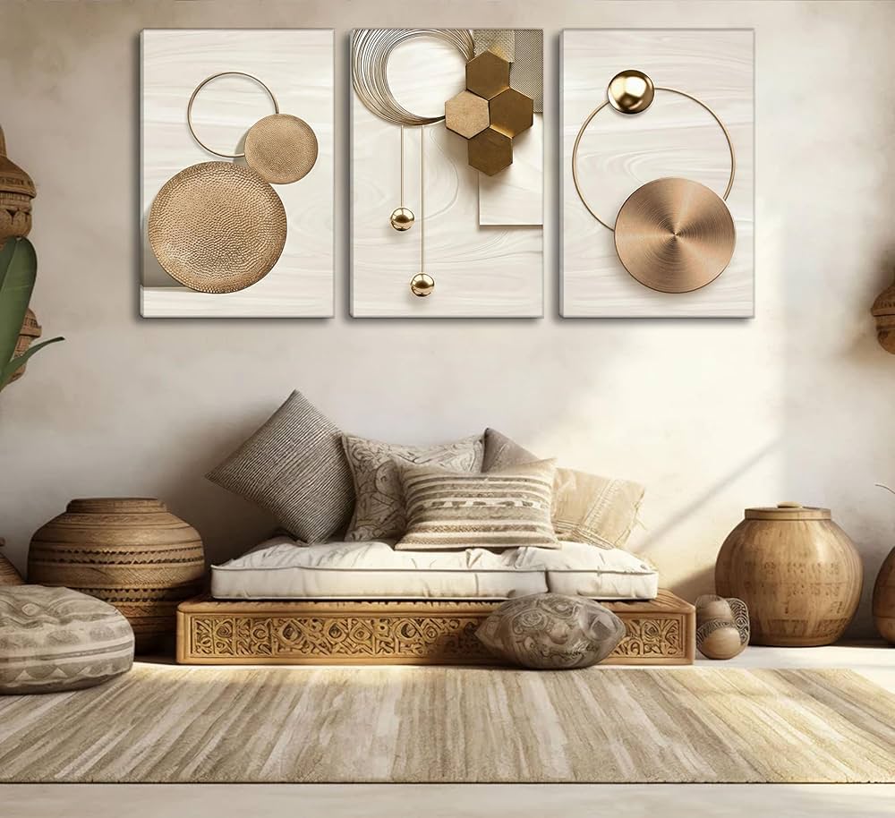 3 Pcs Abstract Gold Geometric Boho Canvas Wall Art Mid Century Modern Minimalist Aesthetic Luxury Metal Artwork Pictures Wall Decor Posters Prints for Living room Bedroom Office Home Decoration