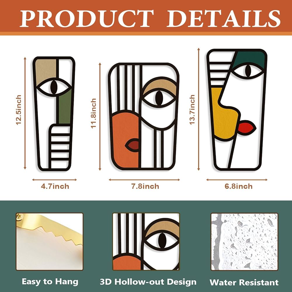 Pinetree Art Abstract Face Metal Wall Art Picasso Cubism-Inspired Wall Decor Modern Minimalism Line Mask Wall Sculpture for Home Office Living Room (Face C)