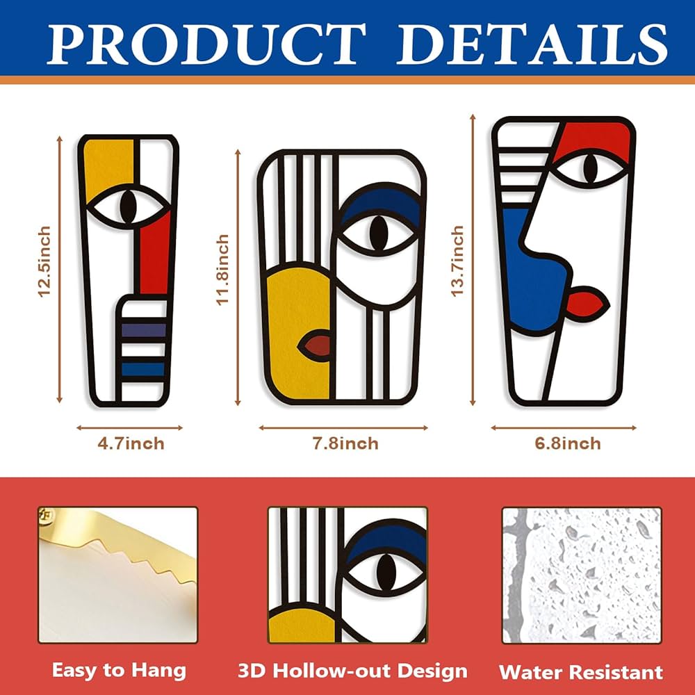 Pinetree Art Abstract Face Metal Wall Art Picasso Cubism-Inspired Wall Decor Modern Minimalism Line Mask Wall Sculpture for Home Office Living Room (Face B)