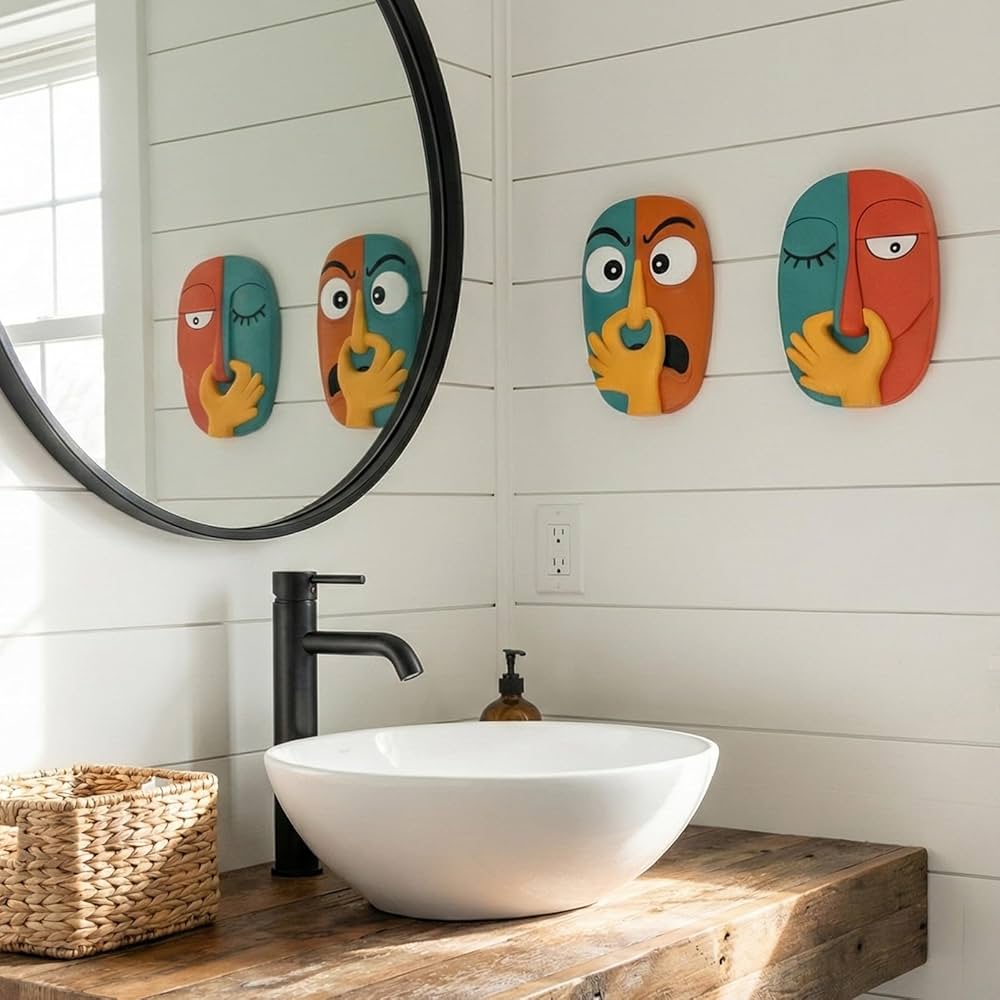 Funny Masks Wall Decor Sculptures – 2 Piece Humorous Bad Smell Theme Bathroom Wall Hanging Statues,for Modern Home Decor,Bathroom,Living Room,Bedroom Abstract Resin Wall Art & Housewarming Gifts