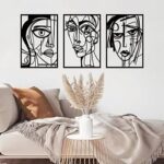 ESTART 3 Pieces Abstract Human Face Metal Wall Decor, Modern Minimalist Single Line Geometric Hanging Wall Art, Black Metal Wall Sculptures for Home Living Room Bedroom Bathroom Kitchen 37×15.7 IN