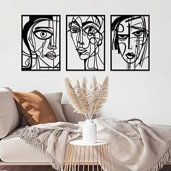 ESTART 3 Pieces Abstract Human Face Metal Wall Decor, Modern Minimalist Single Line Geometric Hanging Wall Art, Black Metal Wall Sculptures for Home Living Room Bedroom Bathroom Kitchen 37×15.7 IN