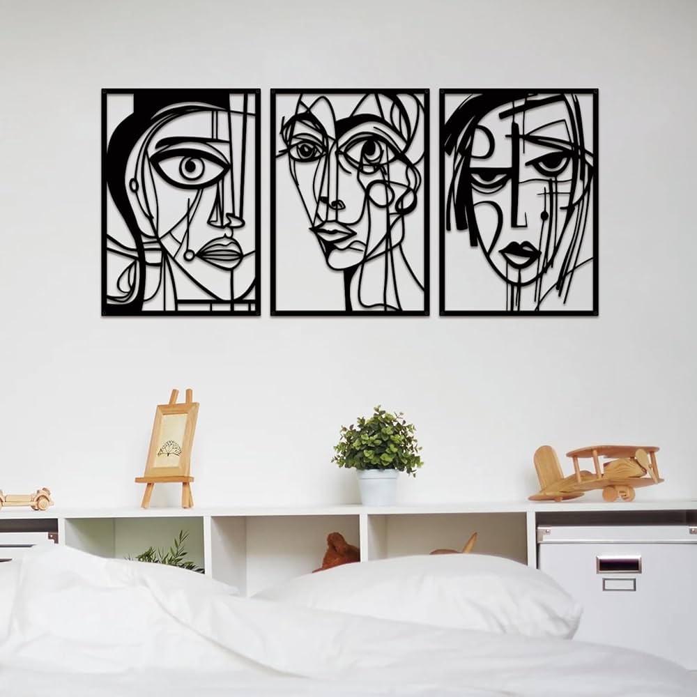 ESTART 3 Pieces Abstract Human Face Metal Wall Decor, Modern Minimalist Single Line Geometric Hanging Wall Art, Black Metal Wall Sculptures for Home Living Room Bedroom Bathroom Kitchen 37×15.7 IN