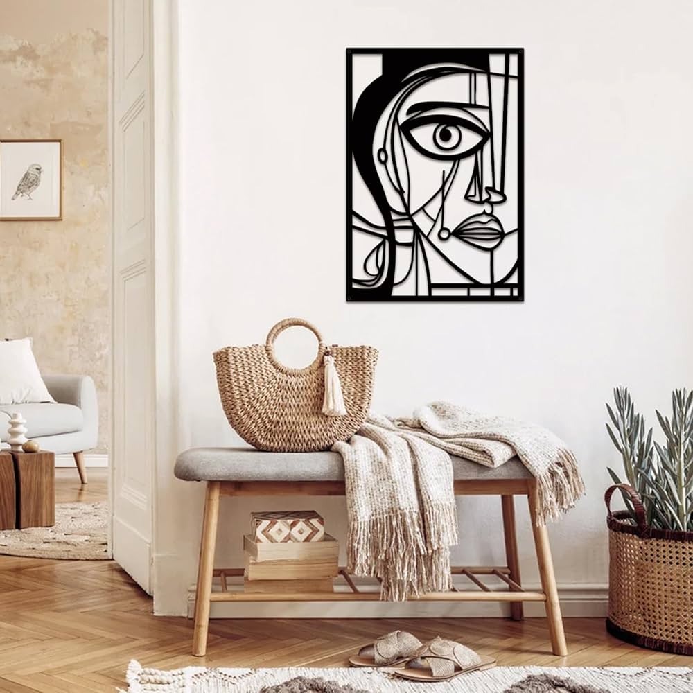 ESTART 3 Pieces Abstract Human Face Metal Wall Decor, Modern Minimalist Single Line Geometric Hanging Wall Art, Black Metal Wall Sculptures for Home Living Room Bedroom Bathroom Kitchen 37×15.7 IN