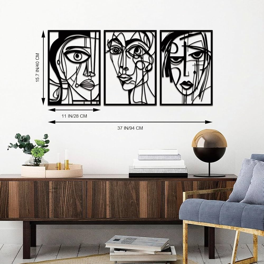 ESTART 3 Pieces Abstract Human Face Metal Wall Decor, Modern Minimalist Single Line Geometric Hanging Wall Art, Black Metal Wall Sculptures for Home Living Room Bedroom Bathroom Kitchen 37×15.7 IN