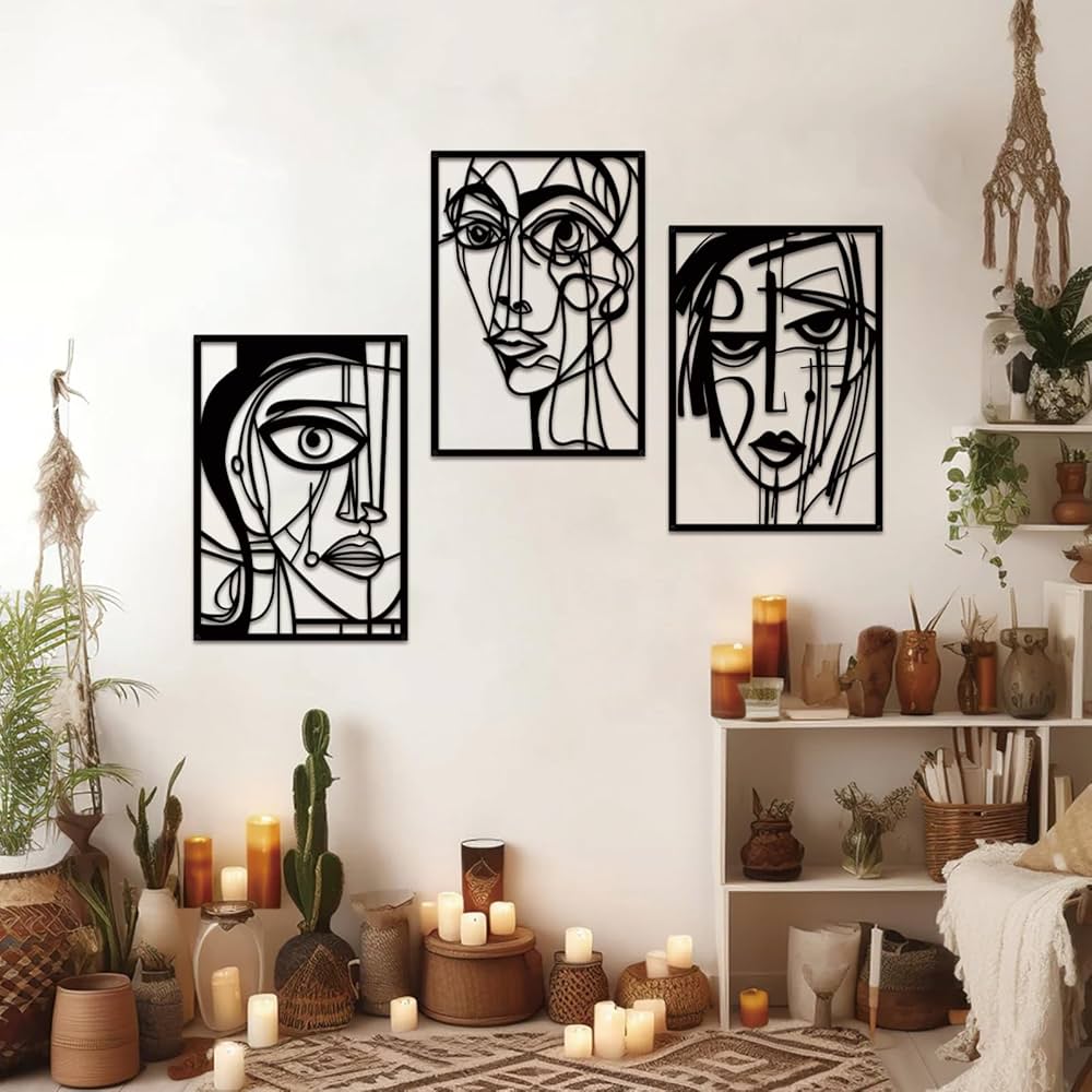 ESTART 3 Pieces Abstract Human Face Metal Wall Decor, Modern Minimalist Single Line Geometric Hanging Wall Art, Black Metal Wall Sculptures for Home Living Room Bedroom Bathroom Kitchen 37×15.7 IN