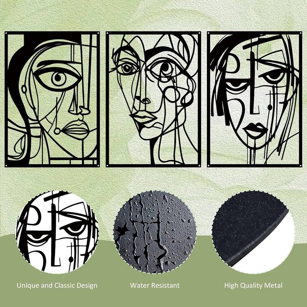 ESTART 3 Pieces Abstract Human Face Metal Wall Decor, Modern Minimalist Single Line Geometric Hanging Wall Art, Black Metal Wall Sculptures for Home Living Room Bedroom Bathroom Kitchen 37×15.7 IN