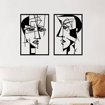 ESTART 2 Pieces Abstract Lover Faces Metal Wall Decor, Modern Minimalist Single Line Geometric Hanging Wall Art, Black Metal Wall Sculptures for Home Living Room Bedroom Bathroom Kitchen 24×15.7 IN