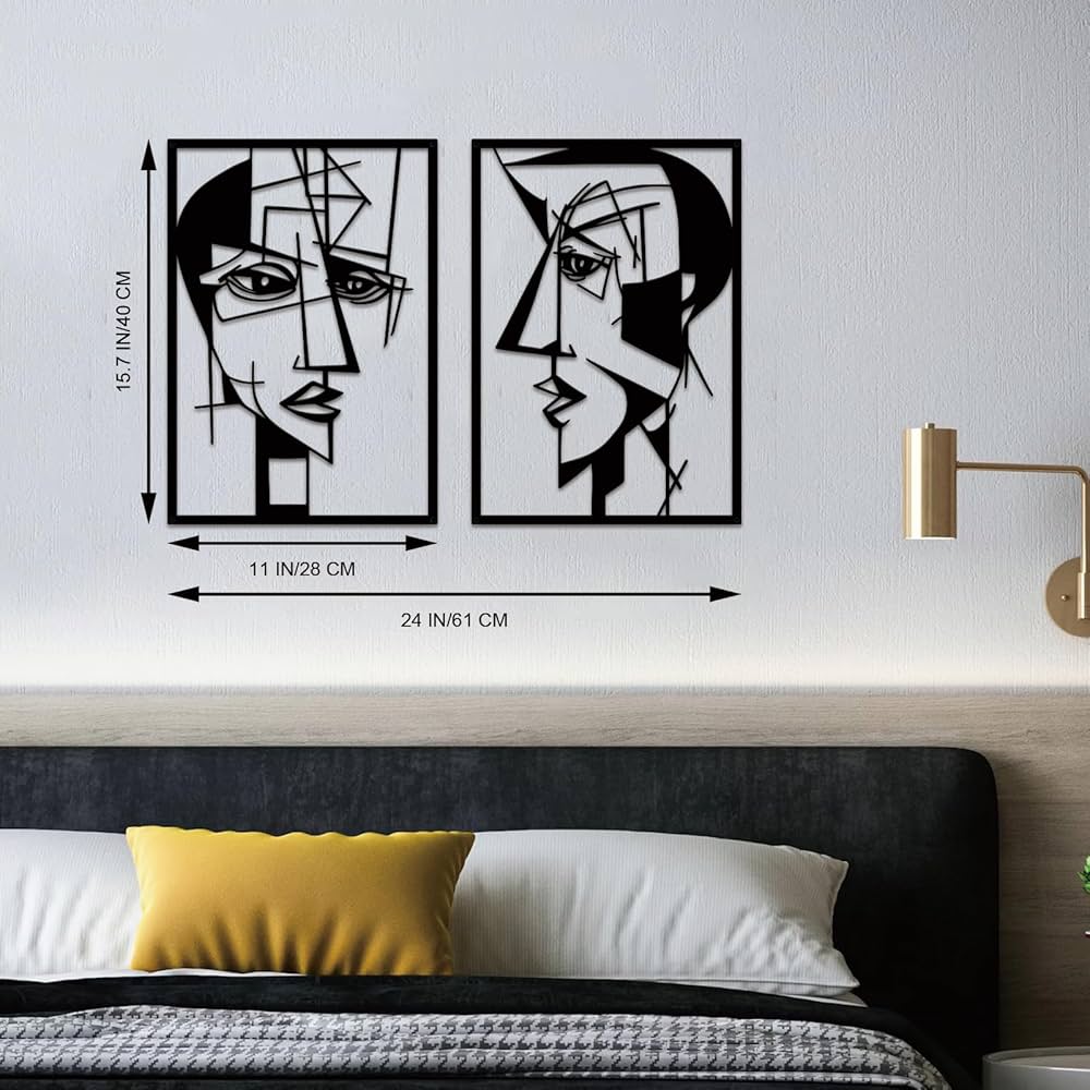 ESTART 2 Pieces Abstract Lover Faces Metal Wall Decor, Modern Minimalist Single Line Geometric Hanging Wall Art, Black Metal Wall Sculptures for Home Living Room Bedroom Bathroom Kitchen 24×15.7 IN