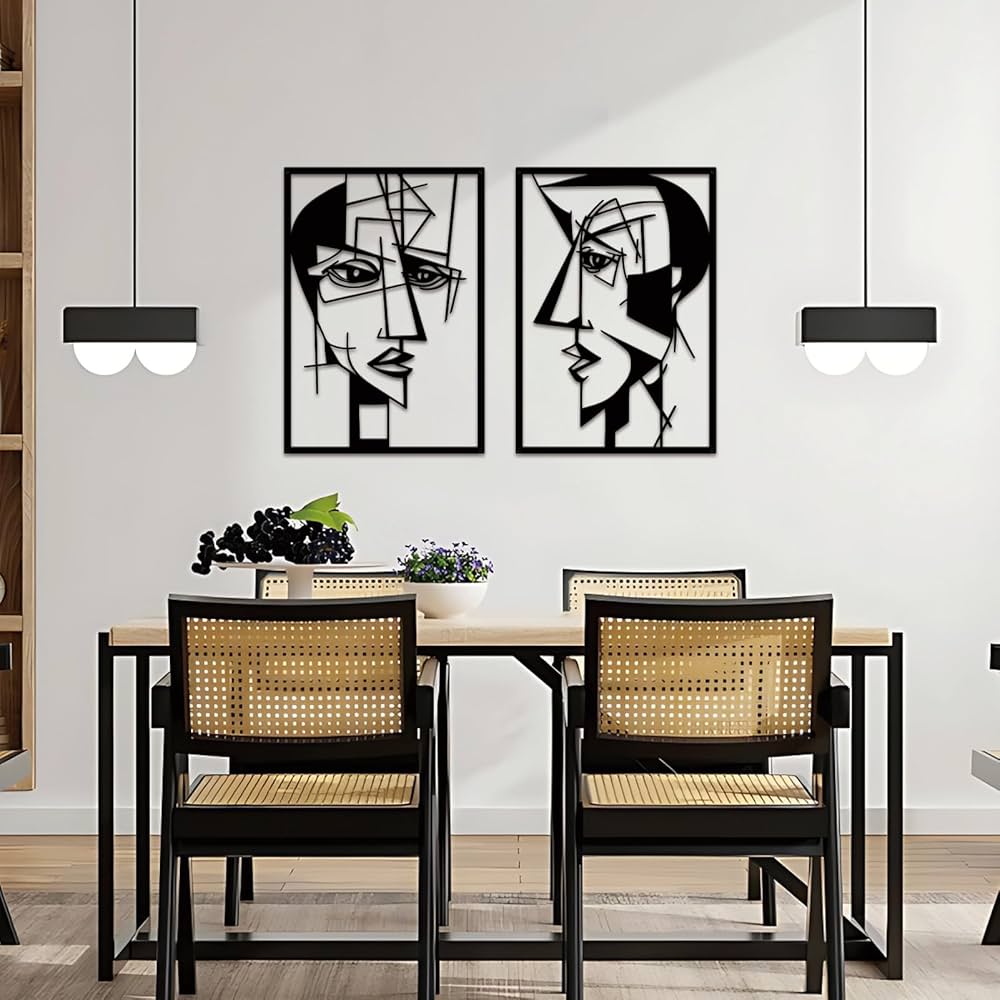 ESTART 2 Pieces Abstract Lover Faces Metal Wall Decor, Modern Minimalist Single Line Geometric Hanging Wall Art, Black Metal Wall Sculptures for Home Living Room Bedroom Bathroom Kitchen 24×15.7 IN