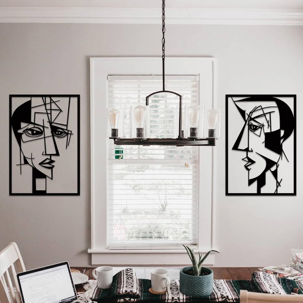 ESTART 2 Pieces Abstract Lover Faces Metal Wall Decor, Modern Minimalist Single Line Geometric Hanging Wall Art, Black Metal Wall Sculptures for Home Living Room Bedroom Bathroom Kitchen 24×15.7 IN
