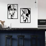 ESTART 2 Pieces Abstract Lover Faces Metal Wall Decor, Modern Minimalist Single Line Geometric Hanging Wall Art, Black Metal Wall Sculptures for Home Living Room Bedroom Bathroom Kitchen 24×15.7 IN