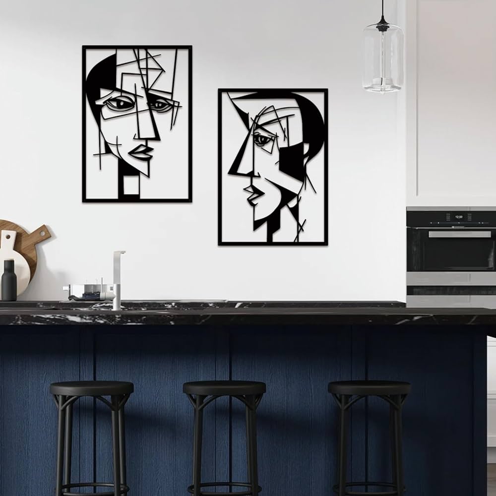 ESTART 2 Pieces Abstract Lover Faces Metal Wall Decor, Modern Minimalist Single Line Geometric Hanging Wall Art, Black Metal Wall Sculptures for Home Living Room Bedroom Bathroom Kitchen 24×15.7 IN
