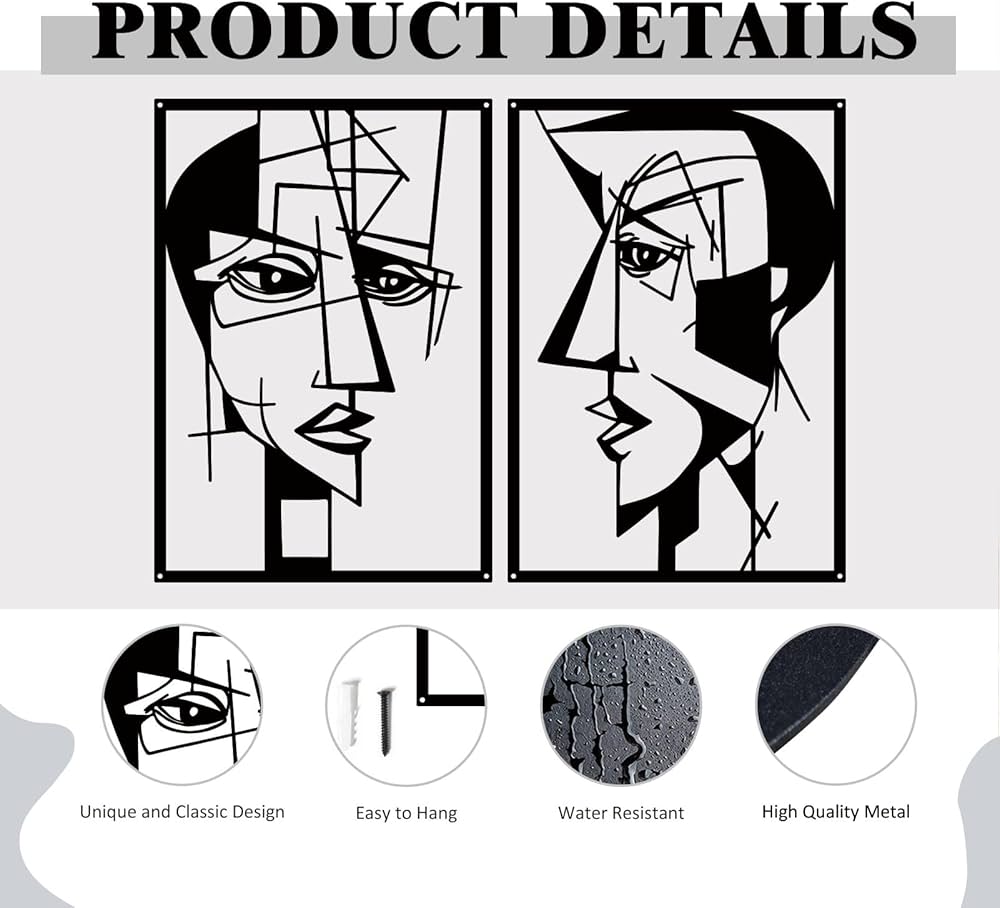 ESTART 2 Pieces Abstract Lover Faces Metal Wall Decor, Modern Minimalist Single Line Geometric Hanging Wall Art, Black Metal Wall Sculptures for Home Living Room Bedroom Bathroom Kitchen 24×15.7 IN