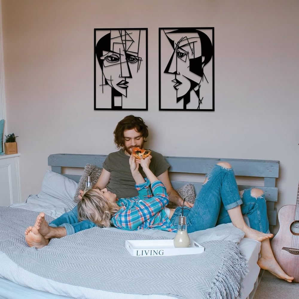 ESTART 2 Pieces Abstract Lover Faces Metal Wall Decor, Modern Minimalist Single Line Geometric Hanging Wall Art, Black Metal Wall Sculptures for Home Living Room Bedroom Bathroom Kitchen 24×15.7 IN