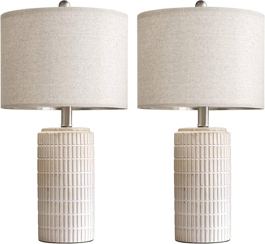 PoKat 23″ Modern Ceramic Table Lamp Set of 2 for Living Room White Desk Lamps for Bedroom Farmhouse Bedside Nightstand Lamp House Warming Gifts New Home Decor End Table Lamps Gifts for Women Mom Beige