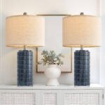 PoKat 23″ Blue Table Lamps, Farmhouse Bedside Lamps for Bedroom Set of 2, Ceramic End Table Lamps for Living Room, Traditional Nightstand Desk Lamps, Medium
