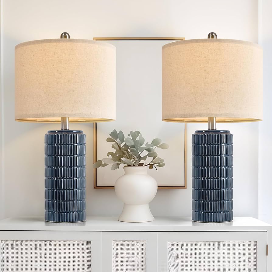 PoKat 23″ Blue Table Lamps, Farmhouse Bedside Lamps for Bedroom Set of 2, Ceramic End Table Lamps for Living Room, Traditional Nightstand Desk Lamps, Medium