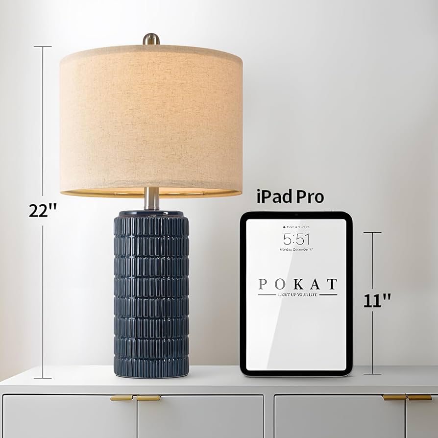 PoKat 23″ Blue Table Lamps, Farmhouse Bedside Lamps for Bedroom Set of 2, Ceramic End Table Lamps for Living Room, Traditional Nightstand Desk Lamps, Medium