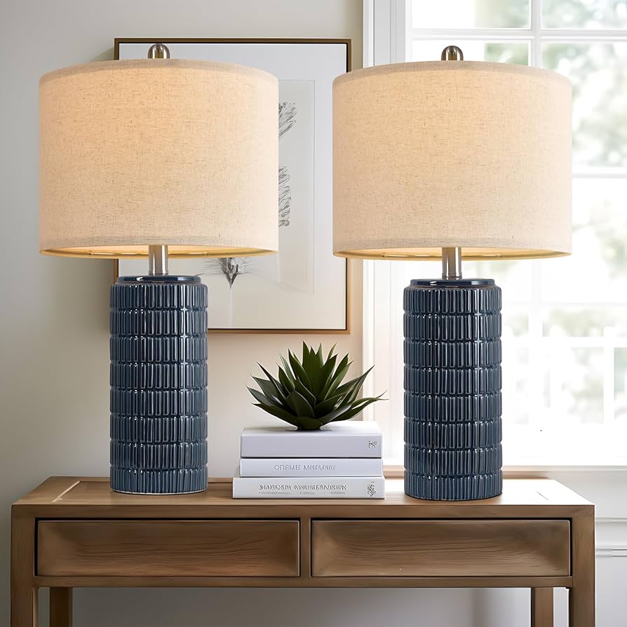 PoKat 23″ Blue Table Lamps, Farmhouse Bedside Lamps for Bedroom Set of 2, Ceramic End Table Lamps for Living Room, Traditional Nightstand Desk Lamps, Medium