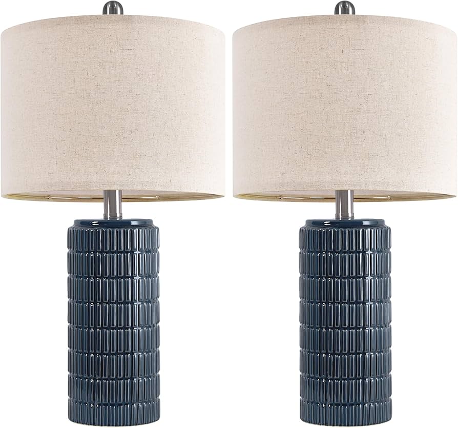 PoKat 23″ Blue Table Lamps, Farmhouse Bedside Lamps for Bedroom Set of 2, Ceramic End Table Lamps for Living Room, Traditional Nightstand Desk Lamps, Medium