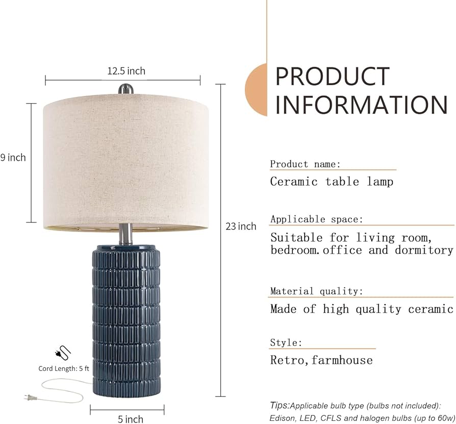 PoKat 23″ Blue Table Lamps, Farmhouse Bedside Lamps for Bedroom Set of 2, Ceramic End Table Lamps for Living Room, Traditional Nightstand Desk Lamps, Medium