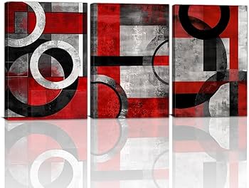 Geometric Wall Art Black and Red Minimalist Paintings Abstract Canvas Prints Wall Art Gray Wall Pictures Poster for Living Room Bedroom Bathroom Decor Framed(Abstract-2,12.00″ x 16.00″ x 3Pcs)