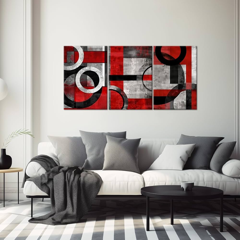 Geometric Wall Art Black and Red Minimalist Paintings Abstract Canvas Prints Wall Art Gray Wall Pictures Poster for Living Room Bedroom Bathroom Decor Framed(Abstract-2,12.00″ x 16.00″ x 3Pcs)