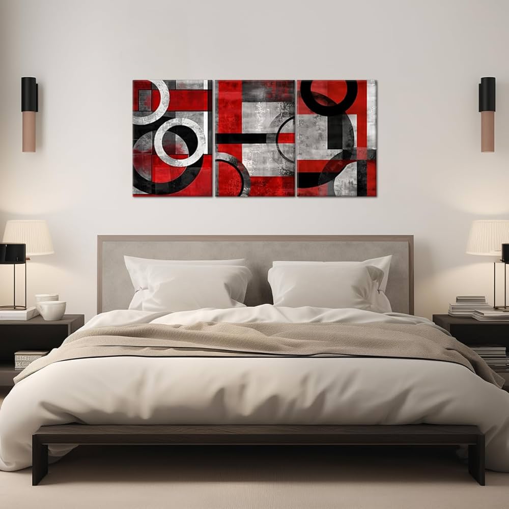 Geometric Wall Art Black and Red Minimalist Paintings Abstract Canvas Prints Wall Art Gray Wall Pictures Poster for Living Room Bedroom Bathroom Decor Framed(Abstract-2,12.00″ x 16.00″ x 3Pcs)
