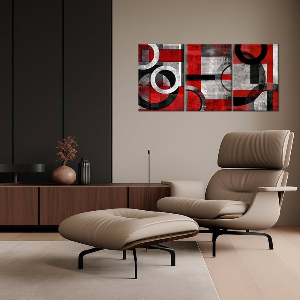 Geometric Wall Art Black and Red Minimalist Paintings Abstract Canvas Prints Wall Art Gray Wall Pictures Poster for Living Room Bedroom Bathroom Decor Framed(Abstract-2,12.00″ x 16.00″ x 3Pcs)