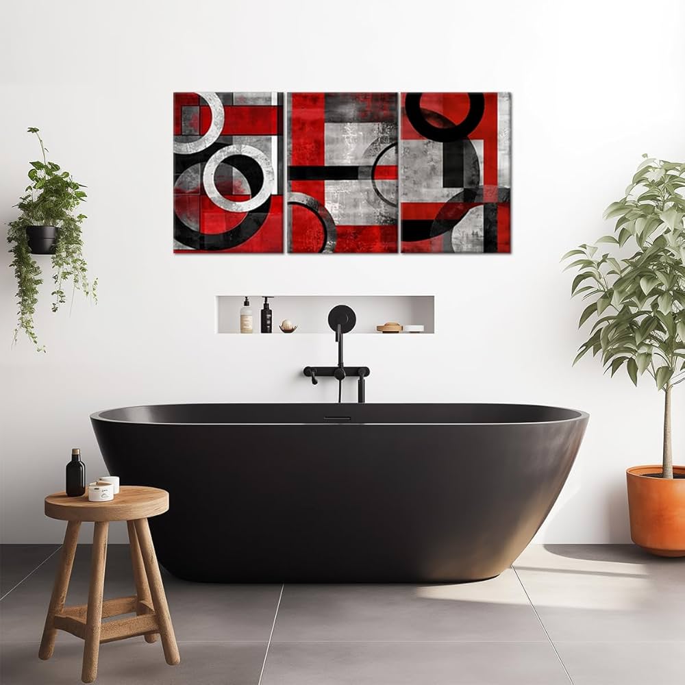 Geometric Wall Art Black and Red Minimalist Paintings Abstract Canvas Prints Wall Art Gray Wall Pictures Poster for Living Room Bedroom Bathroom Decor Framed(Abstract-2,12.00″ x 16.00″ x 3Pcs)
