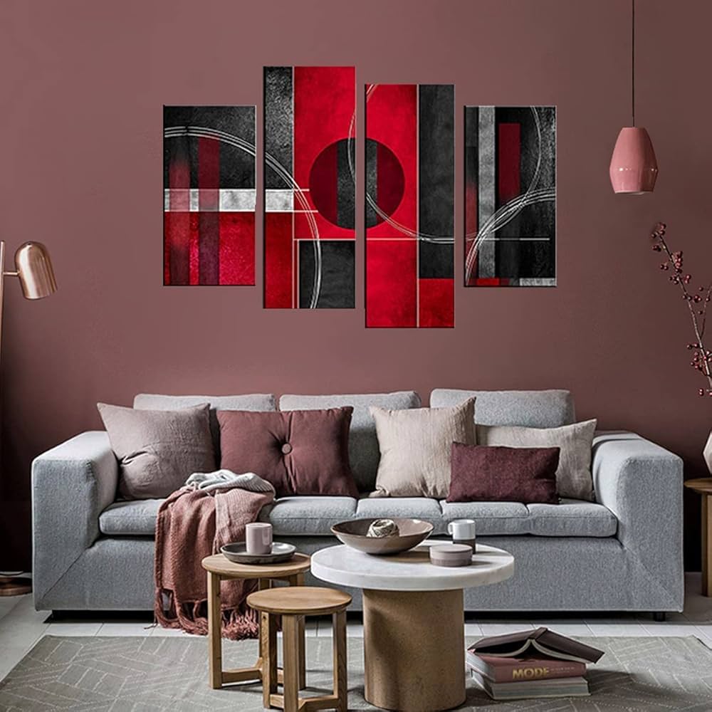 SUNYSUBY- Framed 4 Panels Canvas Modern Minimalist Creative Black Red Round Block Line Wall Decor Décor Art Painting Picture Print Stretched Artwork Hang For Living Dining Room Bedroom Office Family Apartment Restaurant Bar House Decoration (Abstract Art, W32″ x H20″)