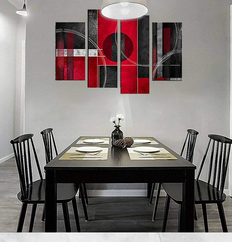 SUNYSUBY- Framed 4 Panels Canvas Modern Minimalist Creative Black Red Round Block Line Wall Decor Décor Art Painting Picture Print Stretched Artwork Hang For Living Dining Room Bedroom Office Family Apartment Restaurant Bar House Decoration (Abstract Art, W32″ x H20″)