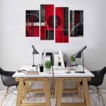 SUNYSUBY- Framed 4 Panels Canvas Modern Minimalist Creative Black Red Round Block Line Wall Decor Décor Art Painting Picture Print Stretched Artwork Hang For Living Dining Room Bedroom Office Family Apartment Restaurant Bar House Decoration (Abstract Art, W32″ x H20″)