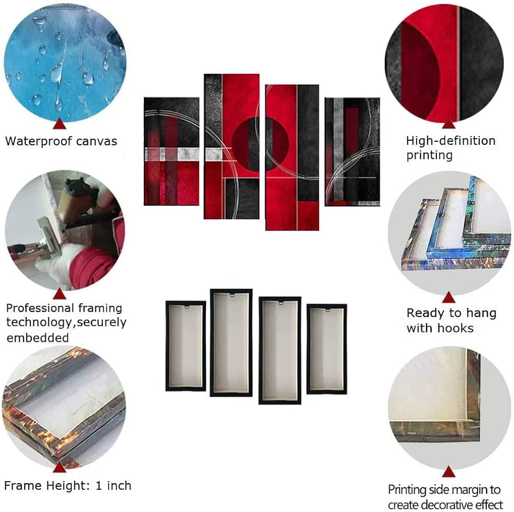 SUNYSUBY- Framed 4 Panels Canvas Modern Minimalist Creative Black Red Round Block Line Wall Decor Décor Art Painting Picture Print Stretched Artwork Hang For Living Dining Room Bedroom Office Family Apartment Restaurant Bar House Decoration (Abstract Art, W32″ x H20″)