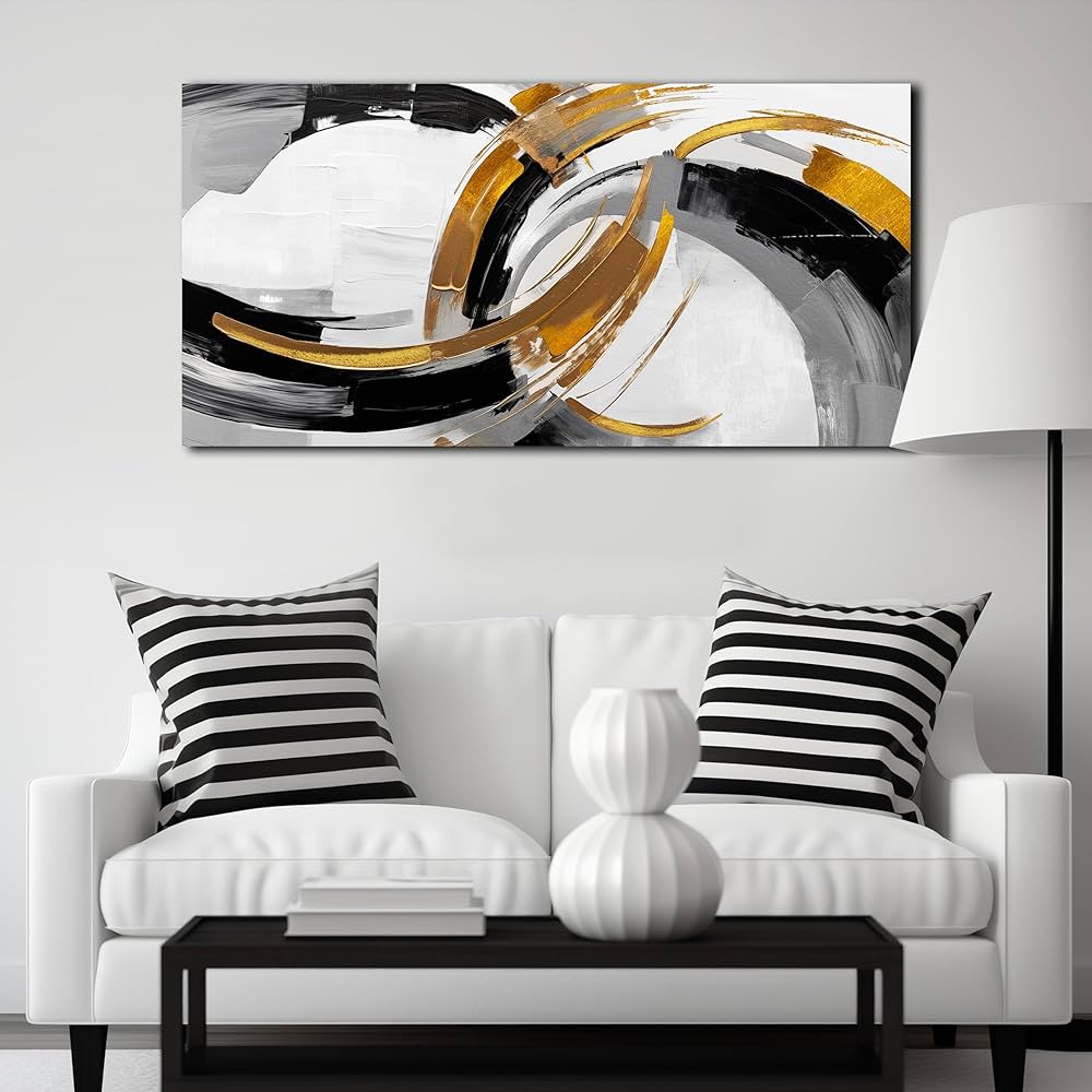 AUUZAIUA Large Abstract Canvas Wall Art for Living Room Black White and Gold Minimalist Line Artwork for Bedroom Office 20″x40″