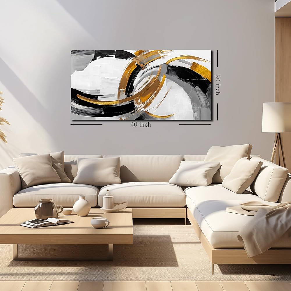 AUUZAIUA Large Abstract Canvas Wall Art for Living Room Black White and Gold Minimalist Line Artwork for Bedroom Office 20″x40″