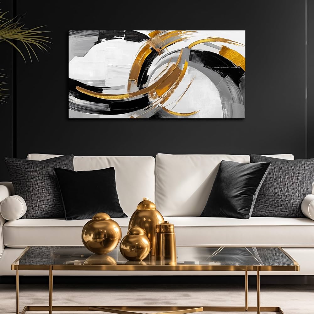 AUUZAIUA Large Abstract Canvas Wall Art for Living Room Black White and Gold Minimalist Line Artwork for Bedroom Office 20″x40″