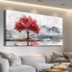 QIYILEXWART Canvas Wall Art For Living Room Wall Decor For Bedroom Office Wall Decoration Red Tree Landscape Painting Farmhouse Pictures Artwork Room Aesthetic Home Decor 20×40 In